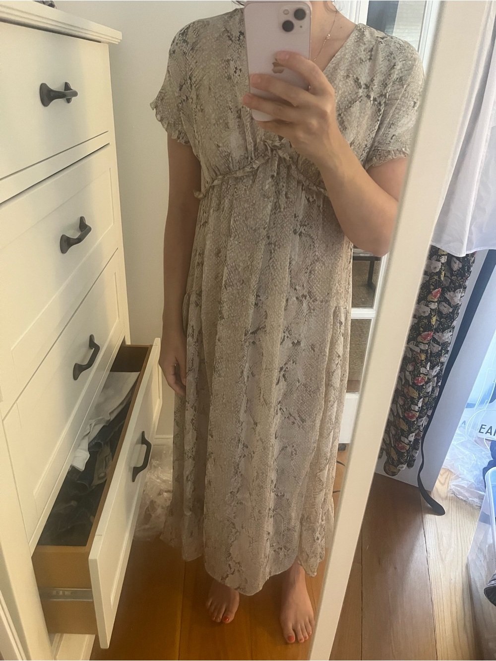 Zara Beige Snake-Print Short Sleeve Maxi Dress